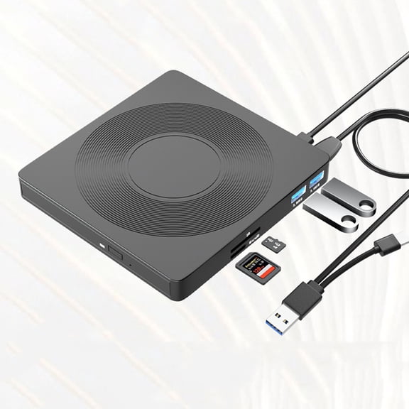 6-in-1 USB 3.0 & Type-C External DVD Drive with SD/TF Card Reader and Dual USB Ports Portable Optical Disc Burner for Laptop, PC, System Install, Movie Playback and File Backup