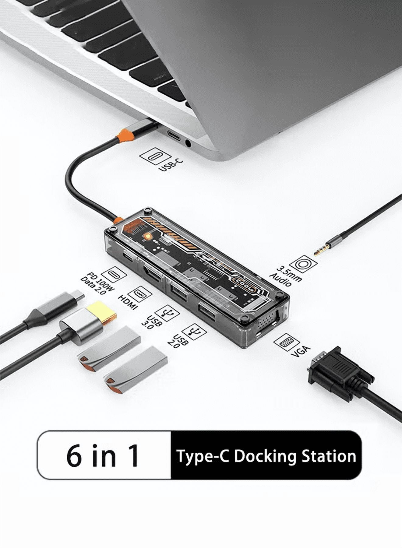 6-in-1 USB-C Docking Station, Transparent Type-C Hub with 4K HDMI, VGA, 100W PD Charging, USB 3.0/2.0 Ports and 3.5mm Audio, Compatible with Laptop/Tablet/Phone