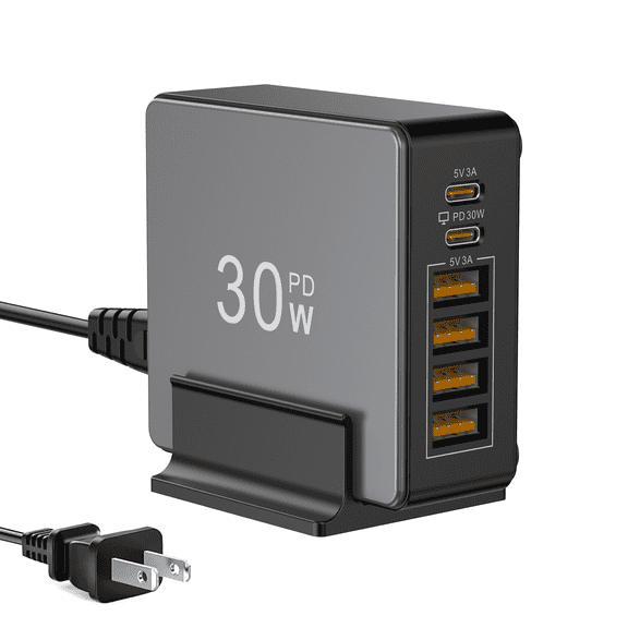 6-in-1 USB C Fast Charger Station, GaN Technology PD30W+USB-C/A Charger, Compact & Safe Multi-Device Charger for Family/Business Trip