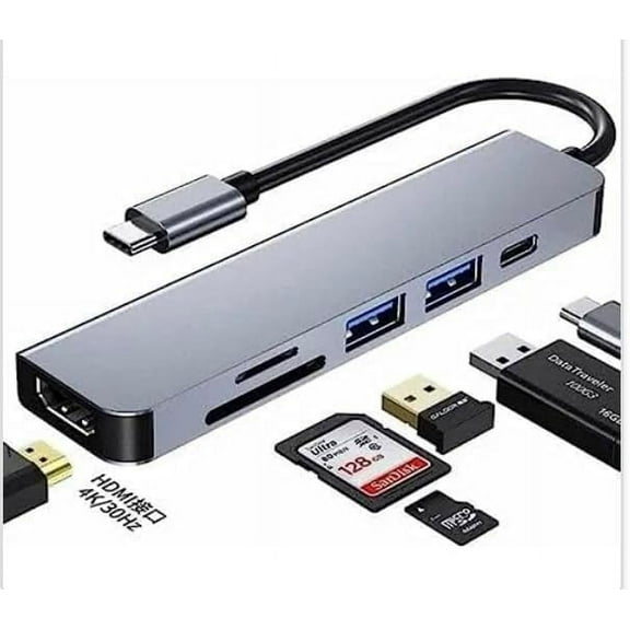 6-in-1 USB-C Multiport Adapter Docking Station - HDMI USB 3.0, SD/Micro SD Card Reader, 5Gbps Data Transfer 4K Video - Compatible with Gaming Console, PC Desktop, Computers, Laptops, Tablets, Phones