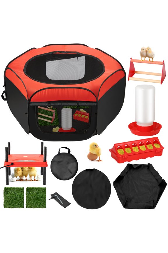 6-in-1 Upgraded Chick Brooder Set: Pop-Up Playpen Tent, 12"x12" Heating Plate, Feeder, Waterer, Perch & Nesting Pad  Ideal for Chicks, Ducks & Quail.