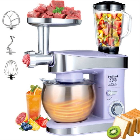 6-in-1 Vertical Stand Mixers, 6-speed Pulse 6.3QT Tilting Kitchen Food Chef Machine, Equipped with Mixer, Dough Hook, Egg Beater, Spatula, Meat Grinder And Juicer Accessories, Purple