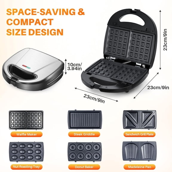 6 in 1 Waffle Iron Set, Press Grill and Electric Sandwich Maker with Removable Non-Stick Plate