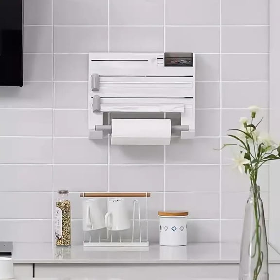6-in-1 Wall-Mounted Kitchen Storage Rack, Space-Saving Plastic Wrap, Foil & Paper Towel Holder, Durable White Plastic Dispenser Organizer for Kitchen Wall