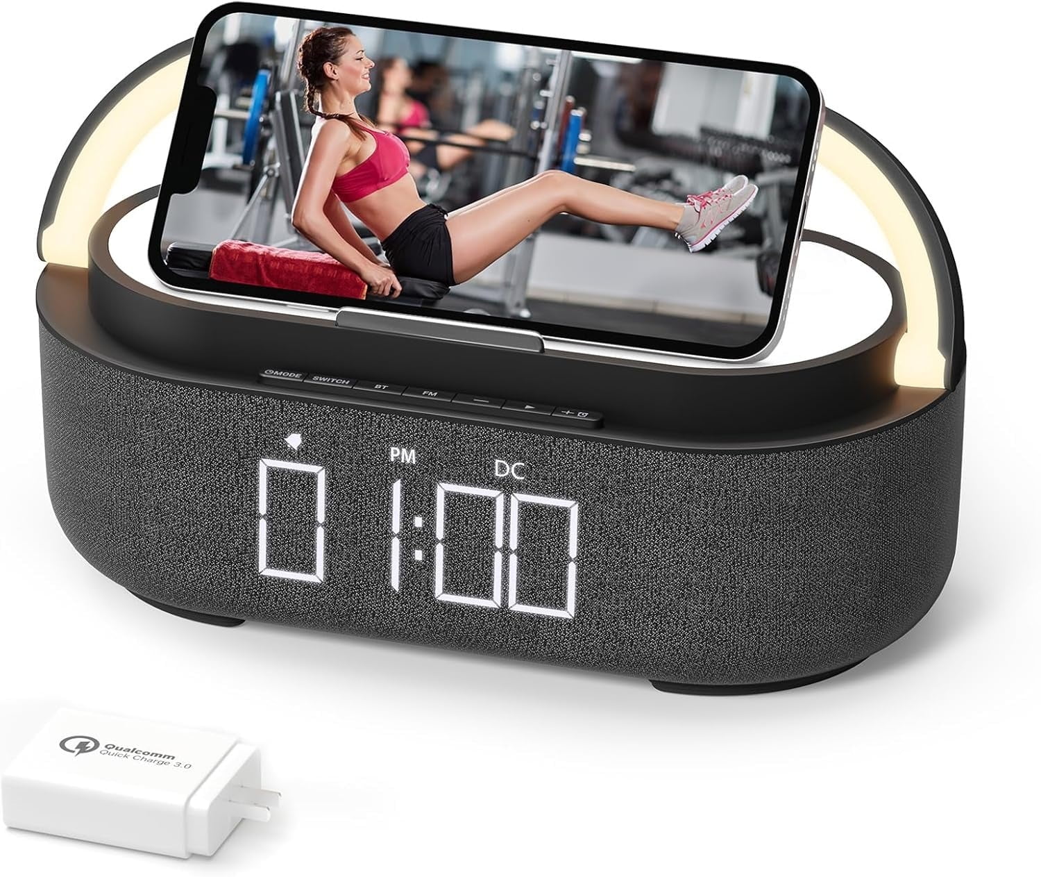 6-in-1 Wireless Charger Bluetooth Speaker with Alarm Clock, FM Radio & Night Light for iPhone + 18W Adapter Black