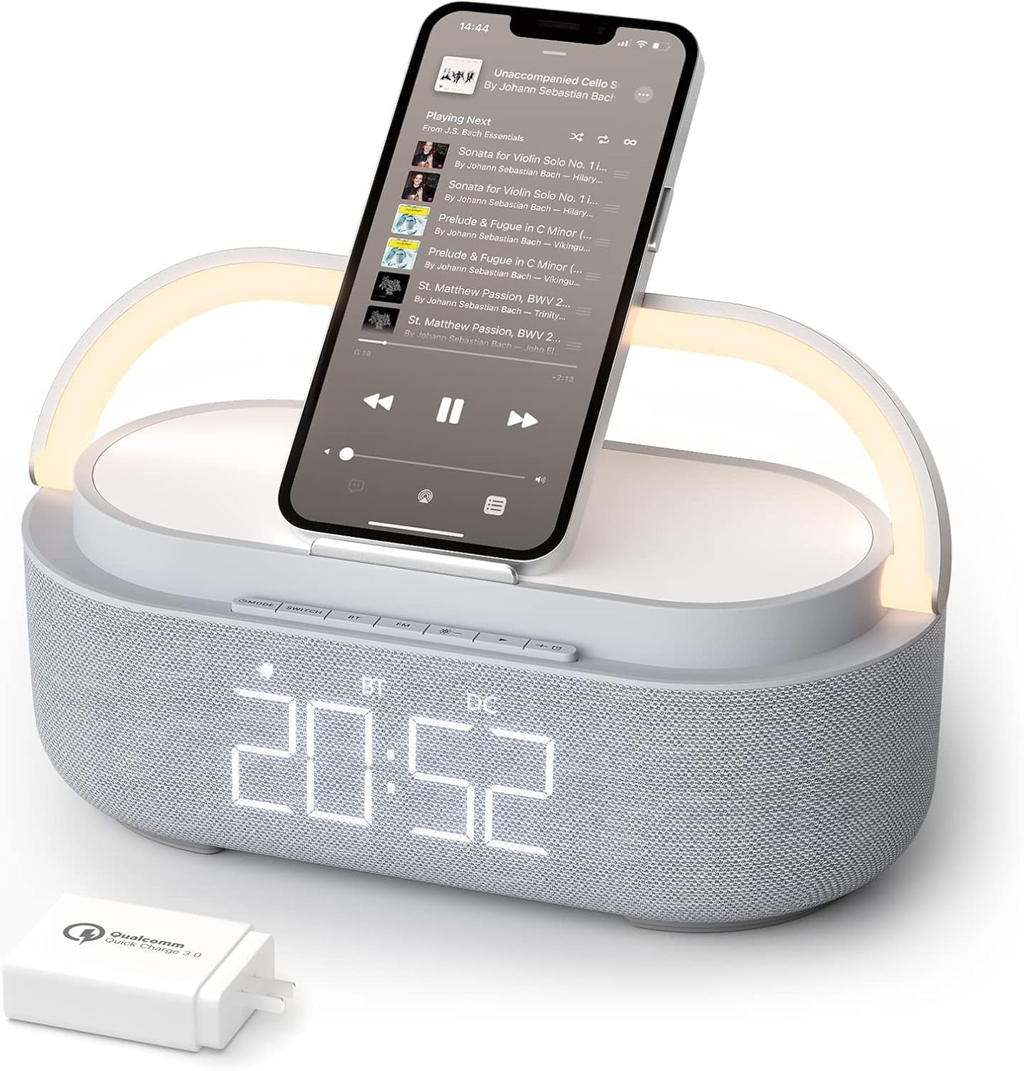 6-in-1 Wireless Charger Bluetooth Speaker with Alarm Clock, FM Radio & Night Light for iPhone + 18W Adapter Gray