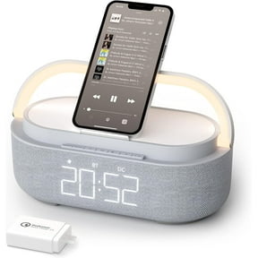 6-in-1 Wireless Charger Bluetooth Speaker with Alarm Clock, FM Radio & Night Light for iPhone + 18W Adapter Gray
