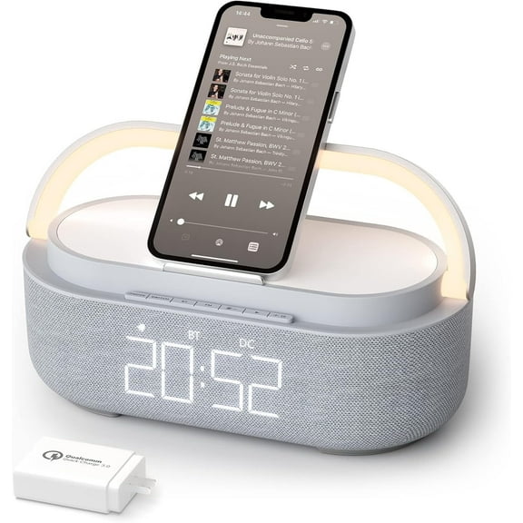 6-in-1 Wireless Charger Bluetooth Speaker with Alarm Clock, FM Radio & Night Light for iPhone   18W Adapter Gray
