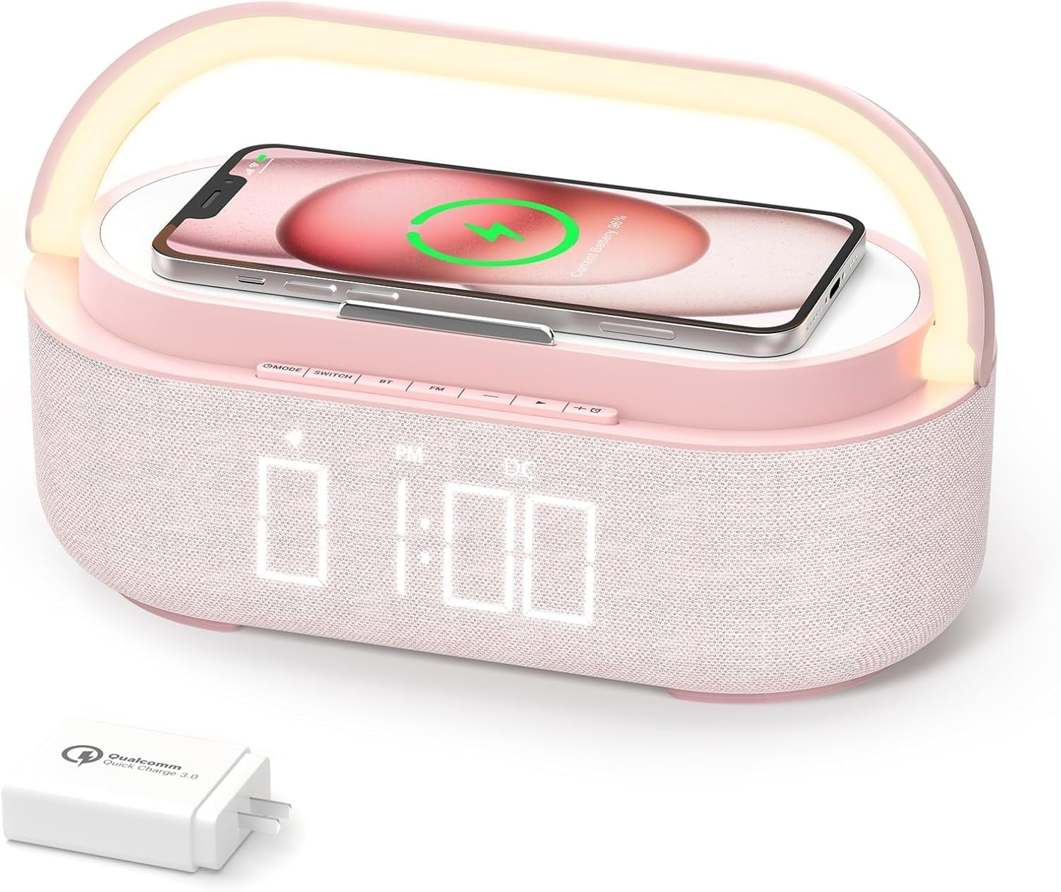 6-in-1 Wireless Charger Bluetooth Speaker with Alarm Clock, FM Radio & Night Light for iPhone + 18W Adapter Pink
