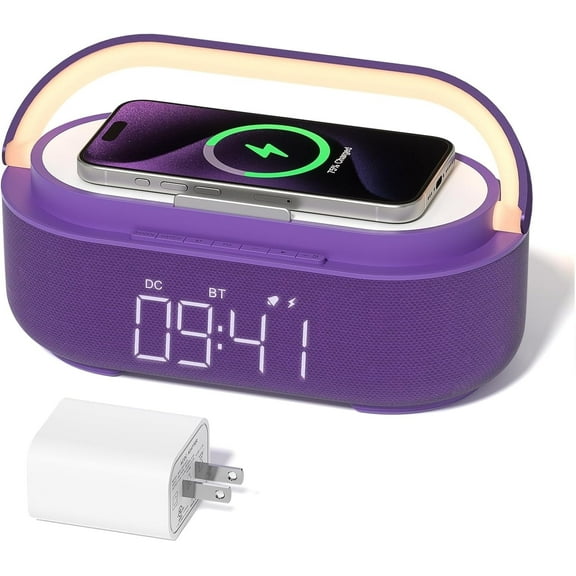 6-in-1 Wireless Charger Bluetooth Speaker with Alarm Clock, FM Radio & Night Light for iPhone + 18W Adapter Purple