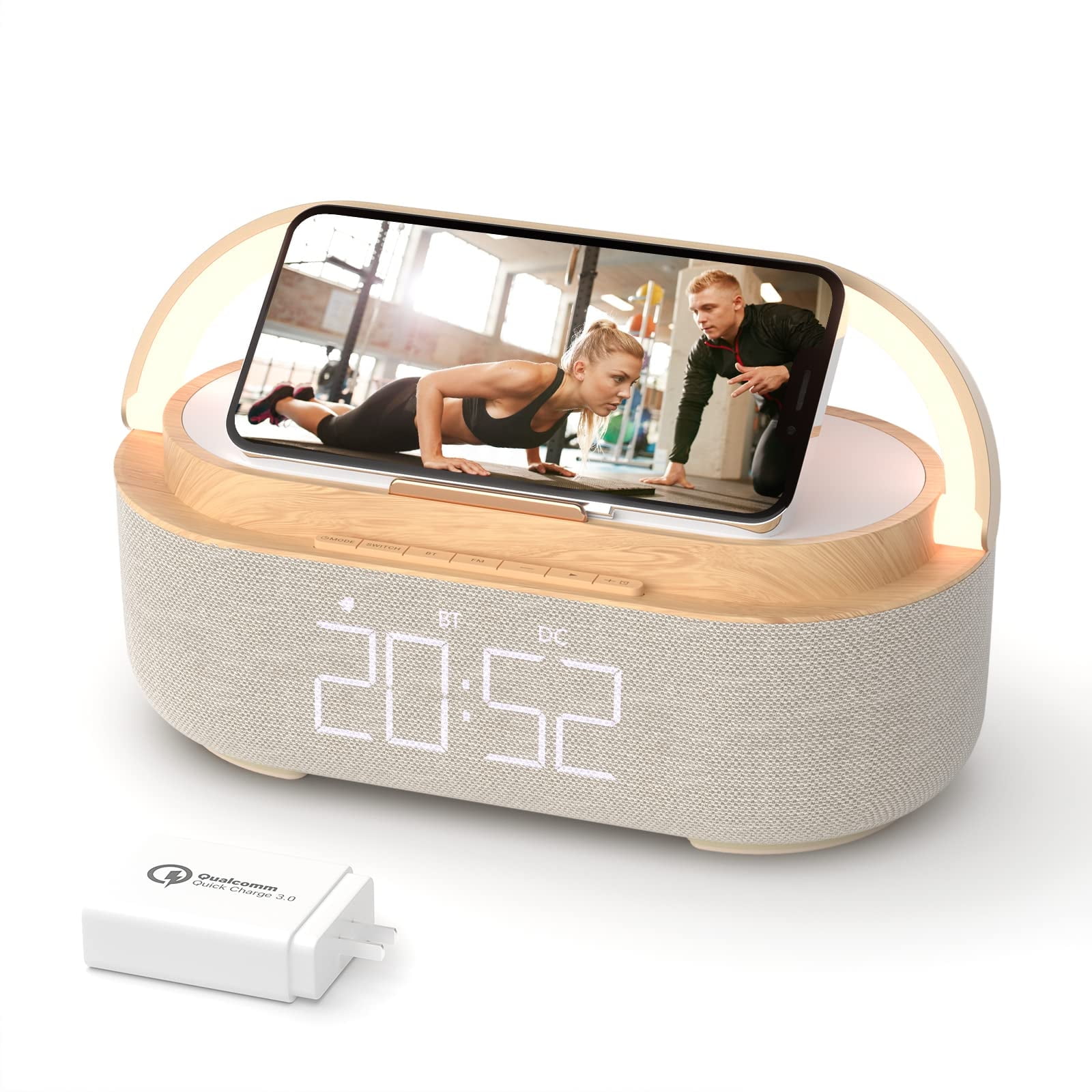 6-in-1 Wireless Charger Bluetooth Speaker with Alarm Clock, FM Radio & Night Light for iPhone Wood + 18W Adapter