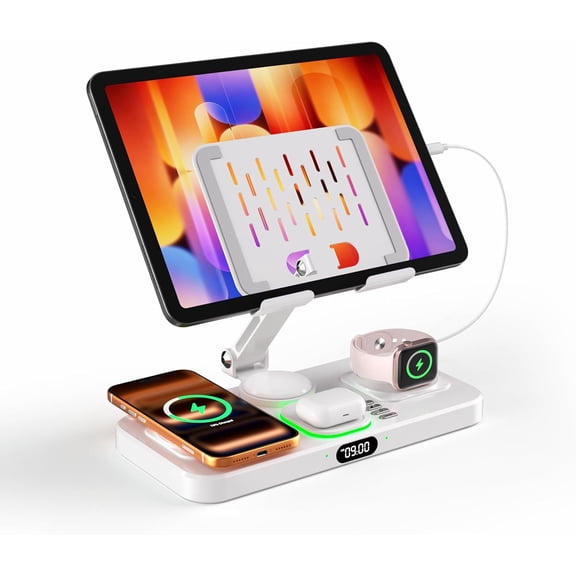 6 in 1 Wireless Charger for Apple Device, Wireless Charger with Clock & Light, Foldable Wired Charging Stand for iPad/Tab(White)
