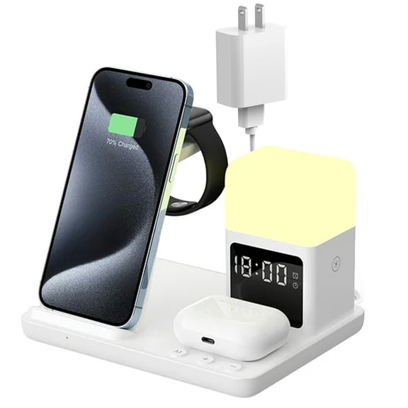 6-in-1 Wireless Charger for iPhones for AirPods for iWatch with LED Night Light, Alarm Clock & Stand, 15W Fast Charging