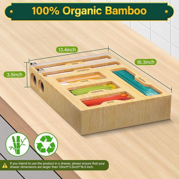 6-in-1 Yellow Bamboo Kitchen Drawer Organizer – Plastic Wrap & Foil Dispenser with Cutter, Food Storage Bag Holder for Gallon, Quart, Sandwich & Snack Bags