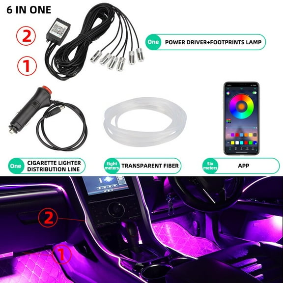 6 in 1 car led interior atmosphere lights optic fiber app music control rgb ambient light auto decorative neon lamp