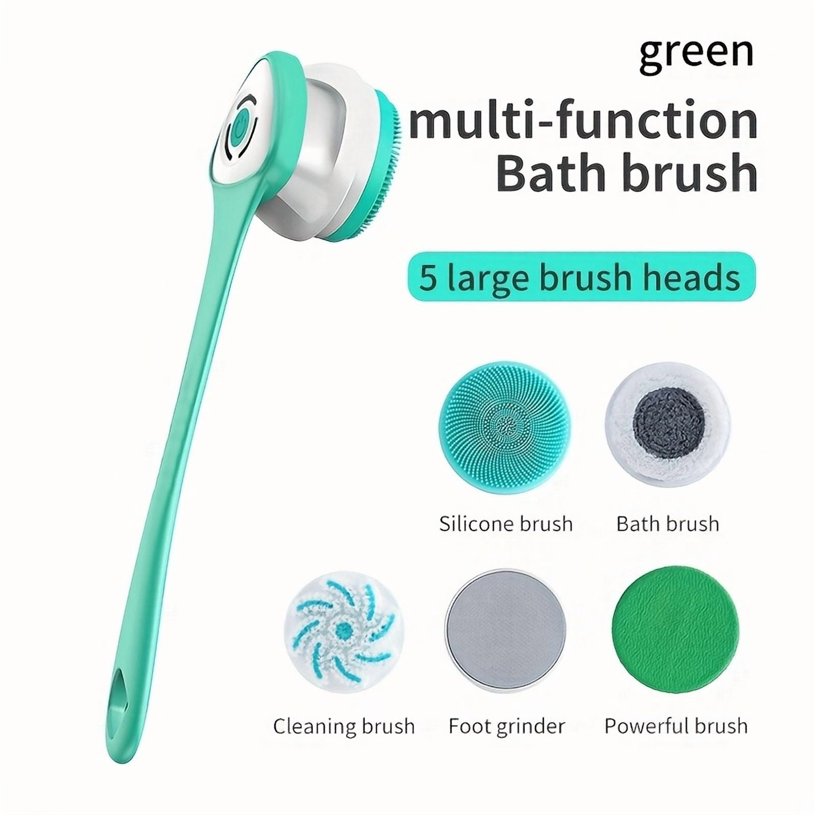 This 6-in-1 rechargeable electric shower brush set can be used for full-body cleansing and vibrating back massage - includes a detachable long-handled exfoliating brush - a rotating shower and face b