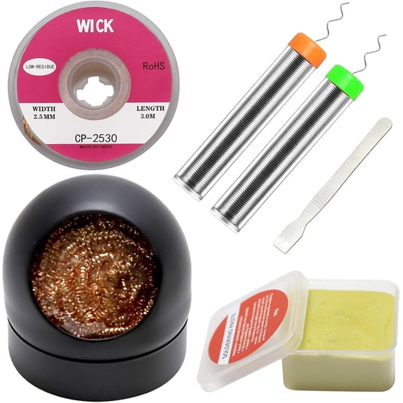 6-in-1 solder kit, soldering iron tip cleaner +1.0mm solder wire(11g*2pcs)+Rosin Solder Flux Paste (1.75 oz/50g), desoldering wick (2.5 * 3.0mm,9.8ft) Stainless steel scraper stir welding tool