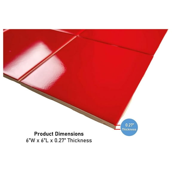 6 in Ceramic Tile Gloss 6x6 Box of 8 Piece for Bathroom Wall and Kitchen Backsplash by (Red)