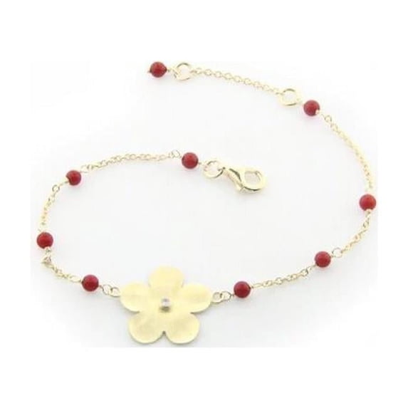 6 in. Hammered Gold Plated Sterling Silver Flower of Life & Coral Beads Chain Bracelet for Girls