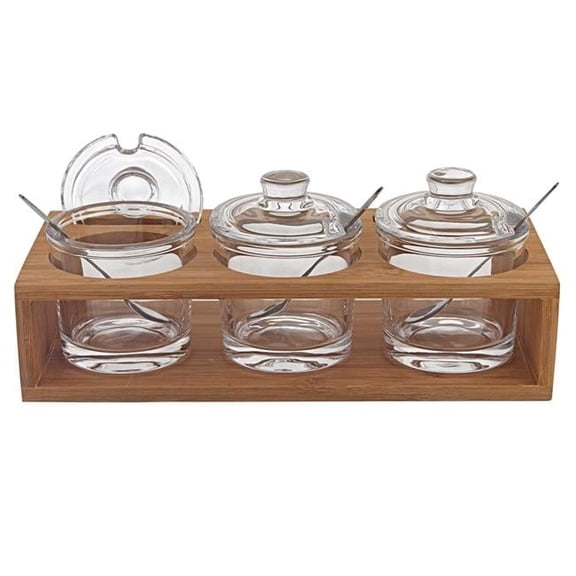 6 in. Mouth Blown Crystal Jam Set with 3 Glass Jars & Spoons on a Wood Stand