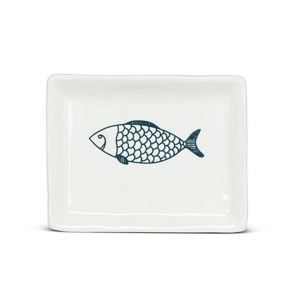 6 in. Stoneware Fish Plate, White & Blue - Small