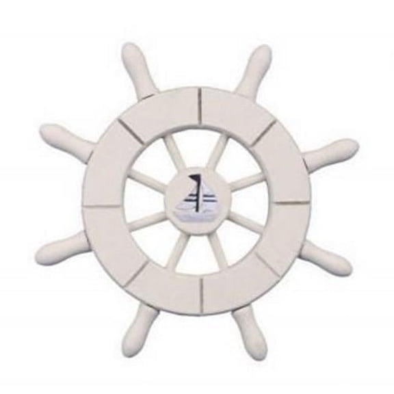 6 in. White Decorative Ship Wheel With Sailboat