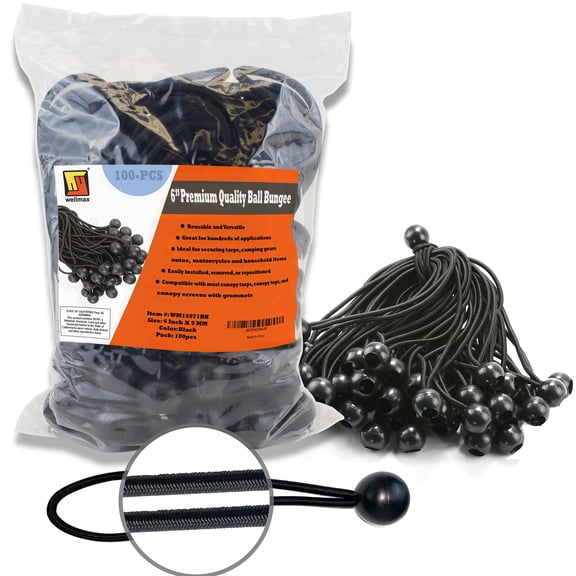 6 inch 100 Piece Heavy Duty 5mm Ball Bungee Canopy Cord By Wellmax, Black Color
