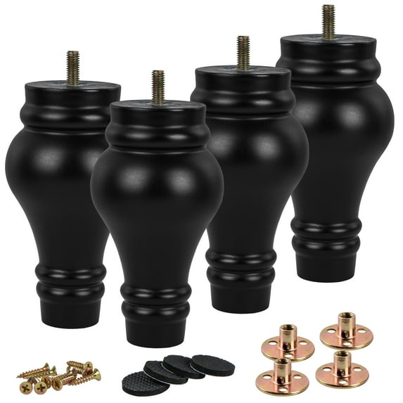6 inch / 14cm Wooden Furniture Legs, Pack of 4 Black Solid Wood Turned DIY Replacement Bun Feet with M8 Hanger Bolts & T-Nuts or Sofa Couch Cabinet Recliner Ottoman Riser