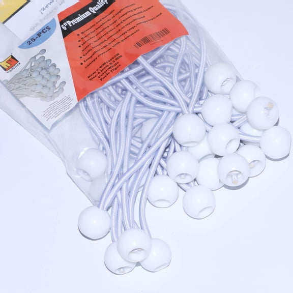 6 inch 25 Piece Heavy Duty 5mm Ball Bungee Canopy Cord By Wellmax, White Color