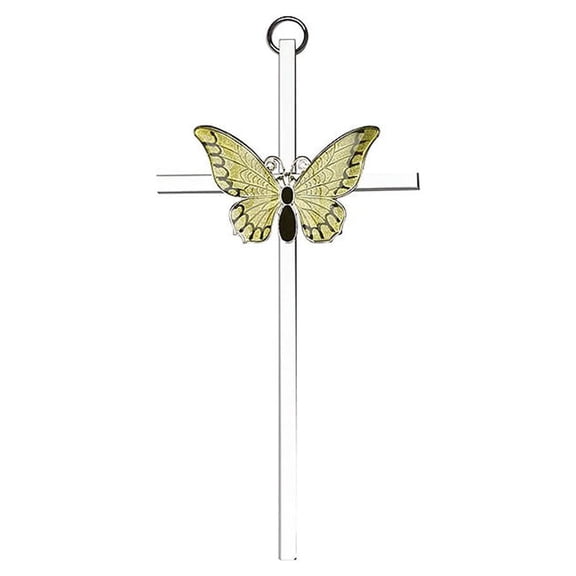 6 inch Antique Gold Yellow Epoxy Resurrection on a Polished Silver Finish Cross