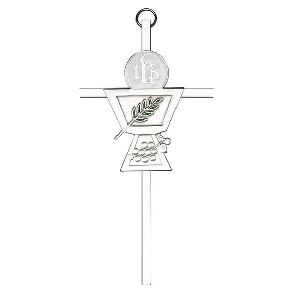 6 inch Antique Silver Communion Chalice on a Polished Silver Finish Cross