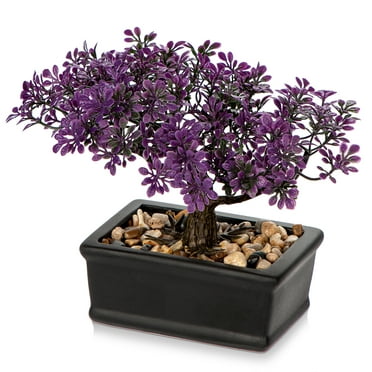 GnFlus 6 inch Artificial Bonsai Tree Juniper Faux Plants Indoor Small Fake Plants Decor with Ceramic Pots Purple