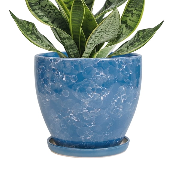EPFamily 6 inch Small Blue Ceramic Pot with Drainage & Saucer, Round Planter for Succulents & Herbs, Office Desk or Windowsill Decor