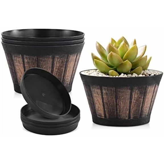 6 inch Brown Barrel Planters with Drainage Holes & Saucer, Set of 4, Indoor & Outdoor Garden Home Plants