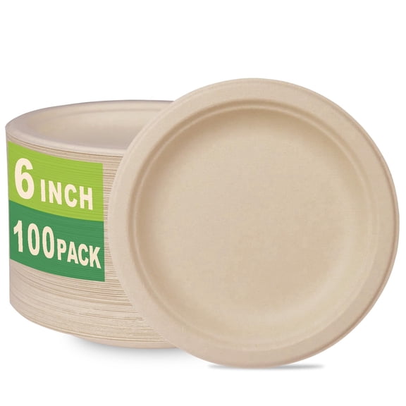 6 inch Brown Compostable Paper Plates, 100 Count, Eco-Friendly Small Disposable Plates for Dessert