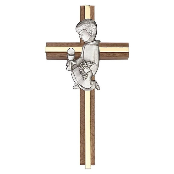 6 inch Communion Boy Cross, Walnut w/ Antique Silver inlay