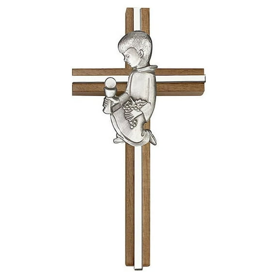 6 inch Communion Boy Cross, Walnut w/ Antique Silver inlay