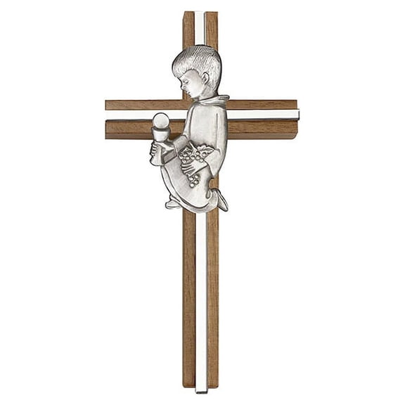 6 inch Communion Boy Cross, Walnut w/ Antique Silver inlay