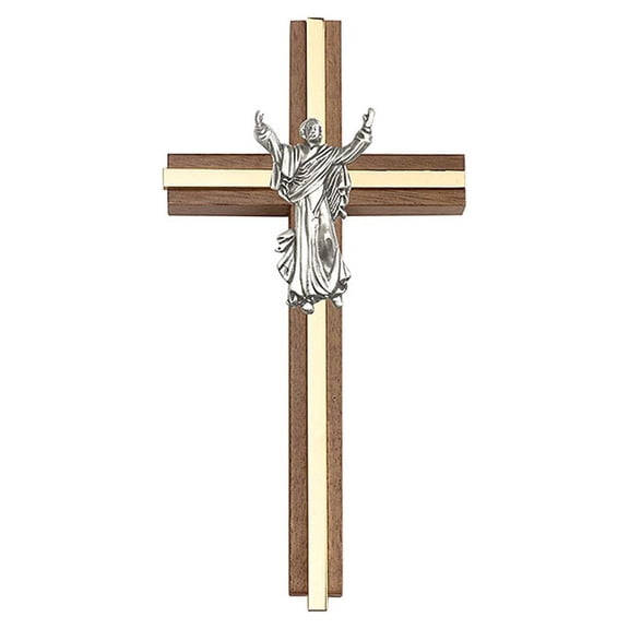 6 inch Contemporary Risen Christ Cross, Walnut w/ Antique Gold inlay