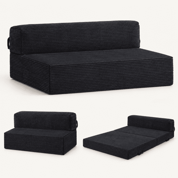 6-inch Convertible Sofa Bed, Foldable Floor Bed Couch with Removable Corduroy Cover & Carry Handles, High-Density Foam Guest Bed (Black, Queen)