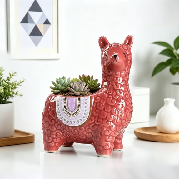 6 inch Cute Alpaca Flower Pots, Animal Decorative Ceramic Planters for Indoor Gardens and Cacti, Colorful Office and Home Decor for Living Room,Kitchen, or Desk