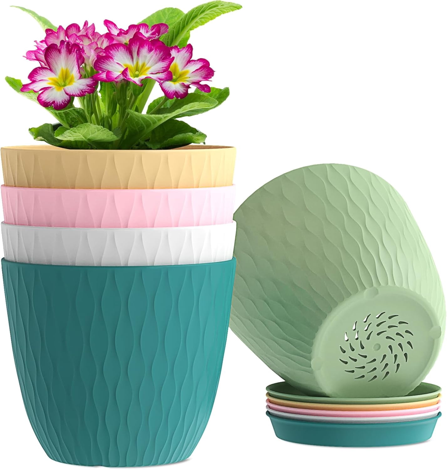 6 inch Flower Pots, 5 Pack Plant Pots with Drainage Holes and Saucers ...