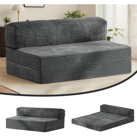 6-inch Folding Mattress Full Size Futon Sofa Bed Foldable - Convertible Floor Bed & Sleeping Couch with Removable Corduroy Cover & Carry Handles, High-Density Memory Foam, Grey