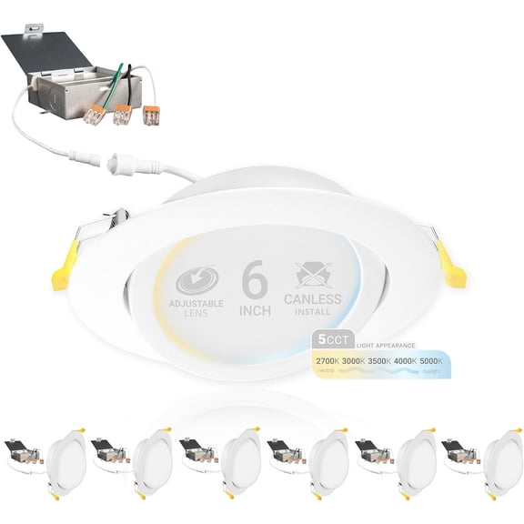 6 inch Gimbal LED Recessed Light Canless Wafer Lights, 5CCT 2700K/3000K/3500K/4000K/5000K, Dimmable, 1050LM, 12W, Ultra-Thin Angled Recessed Lighting Directional LED Downlight, ETL, 6 PACK