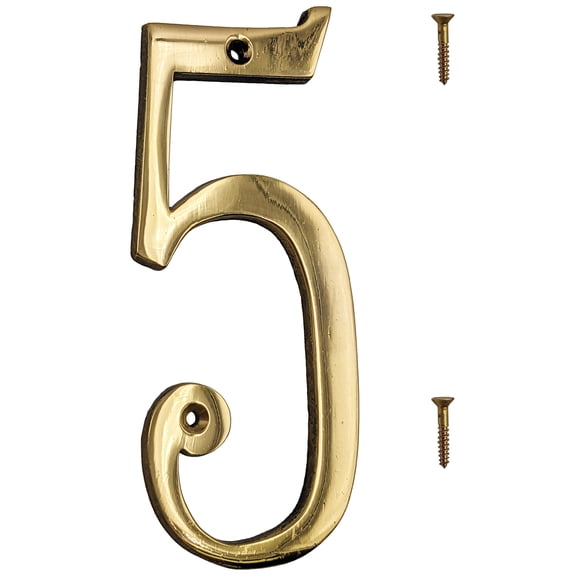 6-inch House Number 5 (Five) with Mounting Screws, Polished Brass, Shiny Gold Color, Suitable for Mailbox, Home, etc