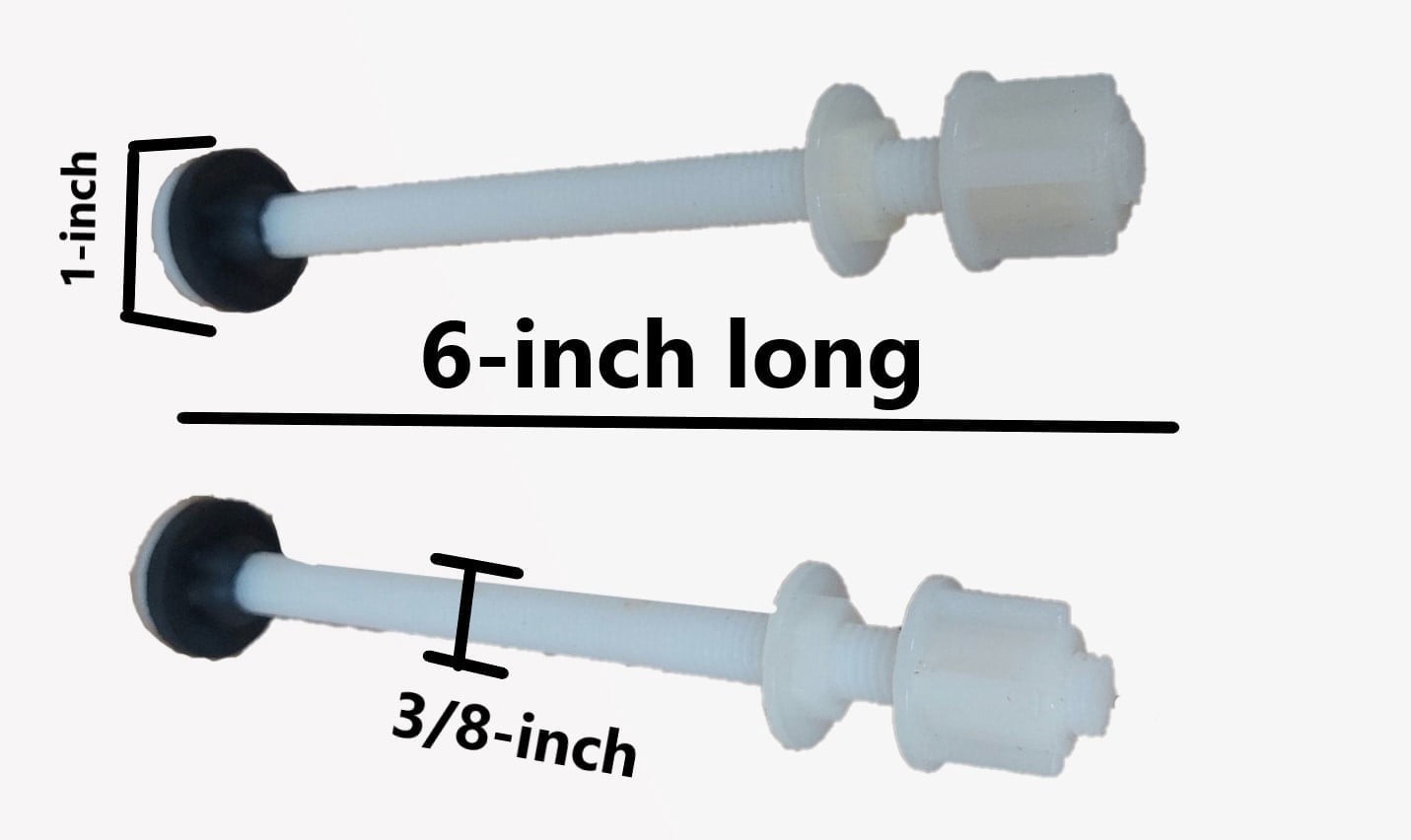 NuFlush 2 Pack, 6-Inch Nylon Toilet Bolts, 3/8 Diameter – Heavy-Duty Rustproof Mounting Bolts for Raised Toilet Seat Installation Kit with Rubber Washers and Easy Screw Hex Nuts