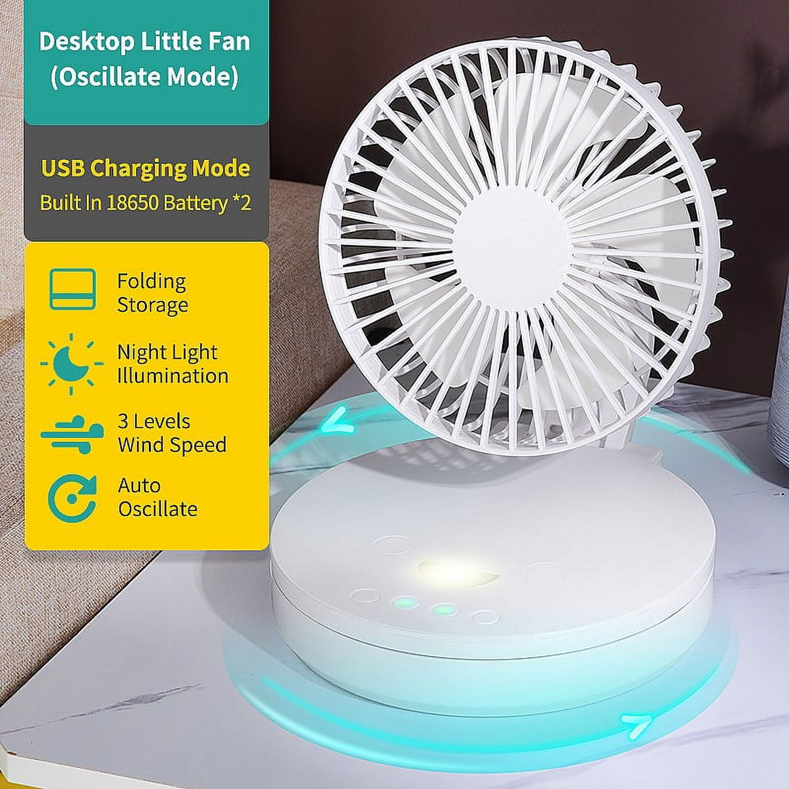 6-inch Oscillating Desk Fan with LED Night Light, Portable Wall-Mounted & Ceiling Fan, 3-in-1 Personal Cooling Fan for Bedroom, Kitchen, Office & Camping Trips