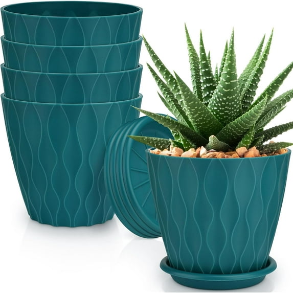 6 inch Plant Pots, 5 Pack Flower Pots Outdoor Indoor, Planters with Drainage Hole and Tray Saucer(Blue)
