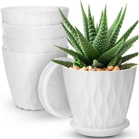 6 inch Plant Pots, 5 Pack Flower Pots Outdoor Indoor, Planters with Drainage Hole and Tray Saucer(White)