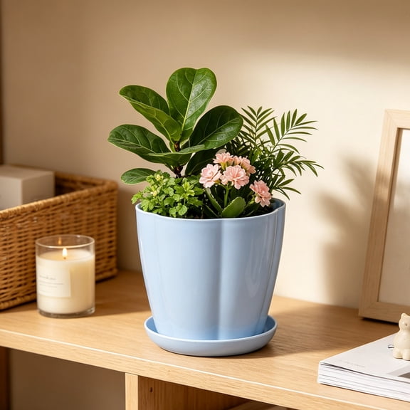 6 inch Plant Pots, Water Ripple Flower Pots for Indoor Outdoor Plants, Plastic Planters with Drainage Holes and Saucers, Nursery Pots for Small Garden House Plants, Blue